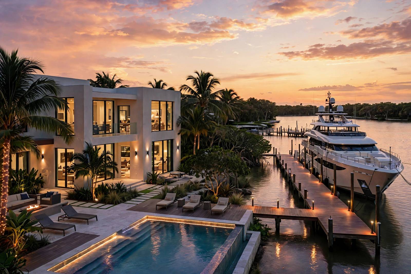 Luxury Palm Beach County waterfront home at dusk